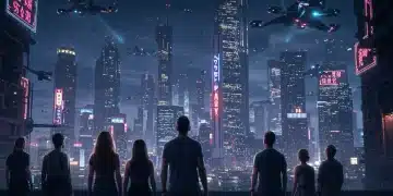 Futuristic cityscape with neon lights and flying vehicles, anticipating 2025 sci-fi series