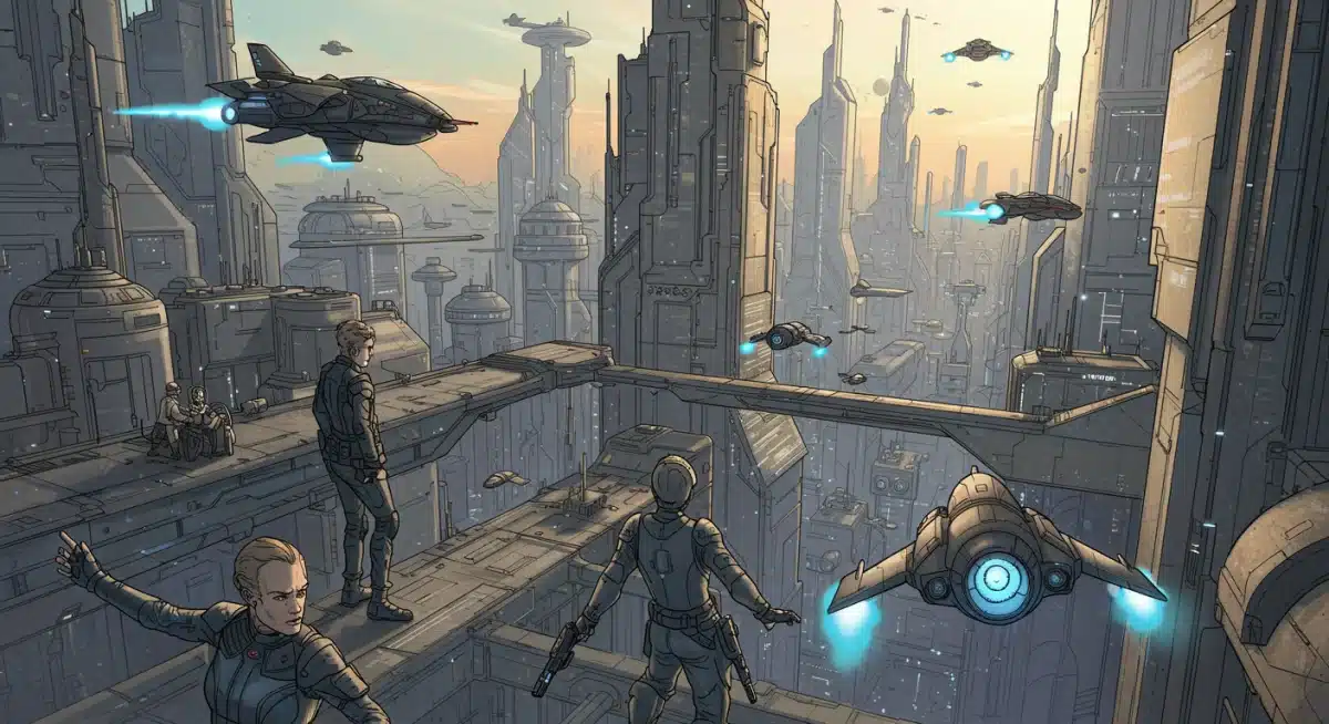 Futuristic cityscape with advanced vehicles, representing a sci-fi book adaptation coming in 2025.