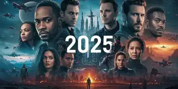 Futuristic city skyline with diverse characters representing sci-fi series of 2025