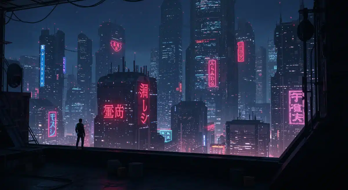 Futuristic cityscape at night, representing an upcoming sci-fi series premiere.