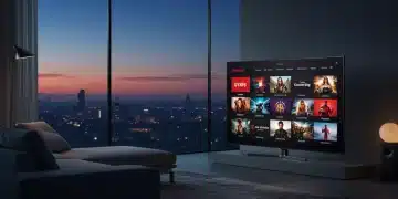 Futuristic streaming interface on a large TV in a modern living room