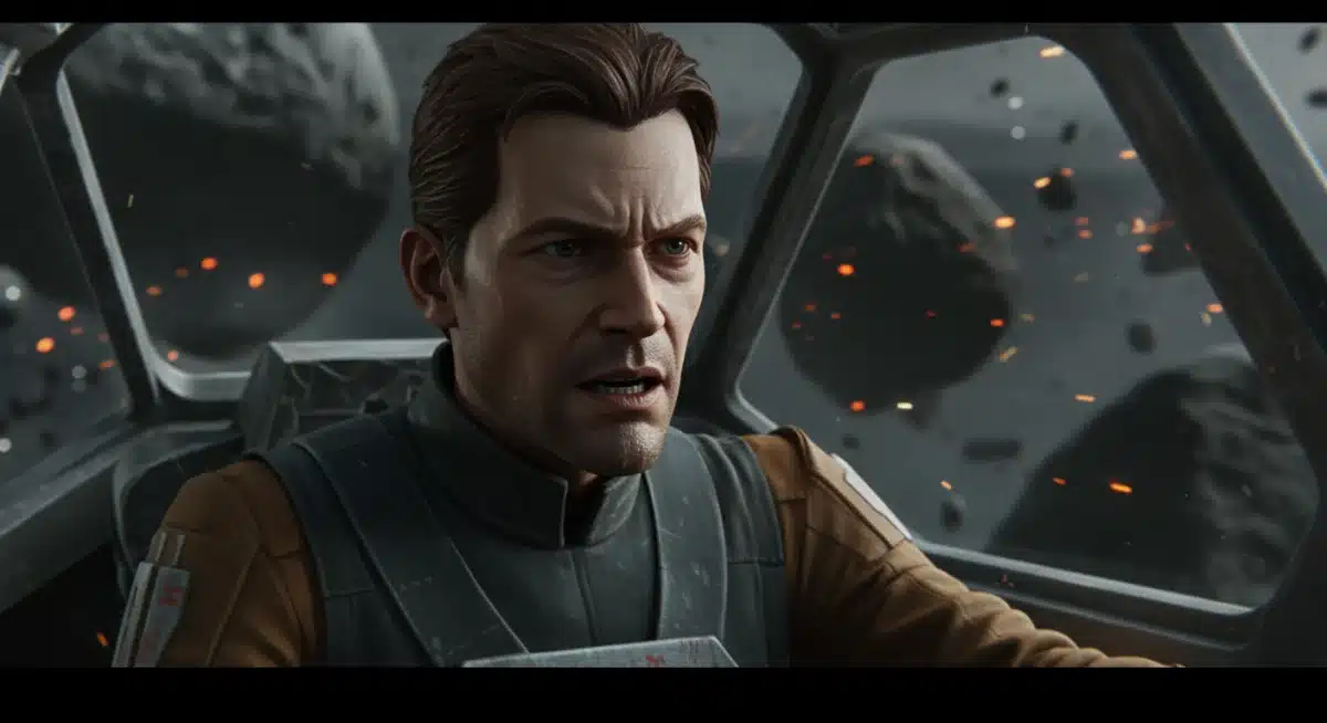 Lead character from 'The Galactic Frontier' in a dramatic starfighter scene.