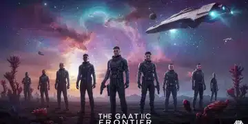 Promotional artwork for 'The Galactic Frontier' showing characters on an alien world with a spaceship.