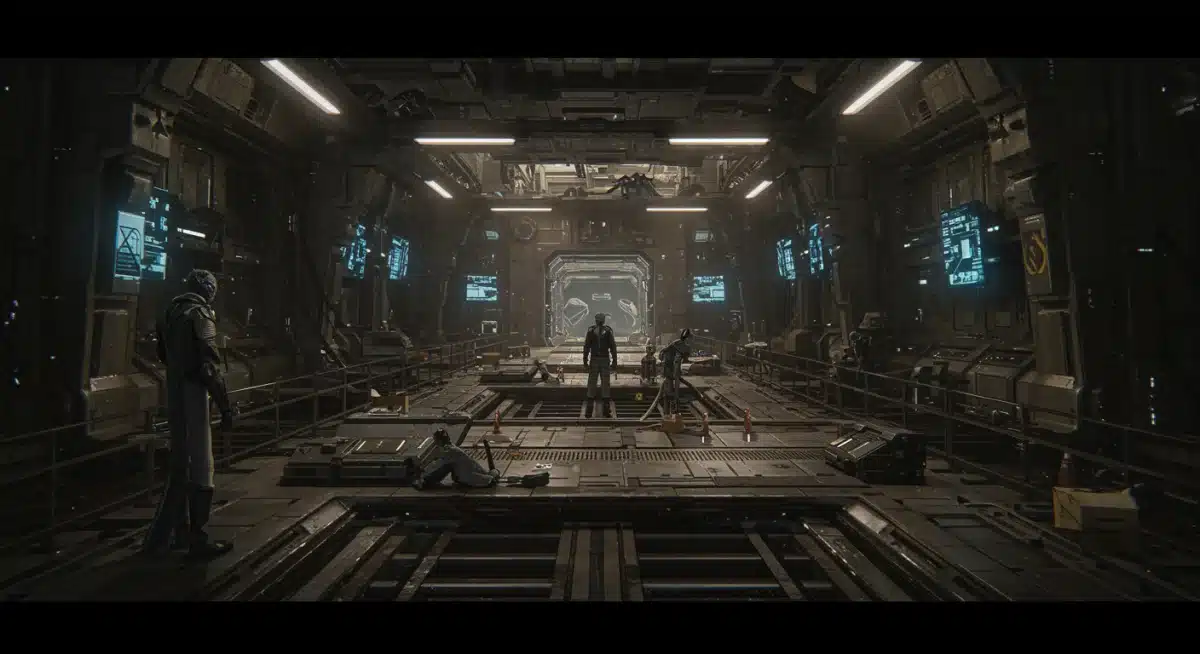 Detailed view of an alien city or space station interior from 'The Galactic Frontier'.