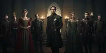 Grand historical drama scene with diverse characters in period costumes, rich details, and dramatic lighting.