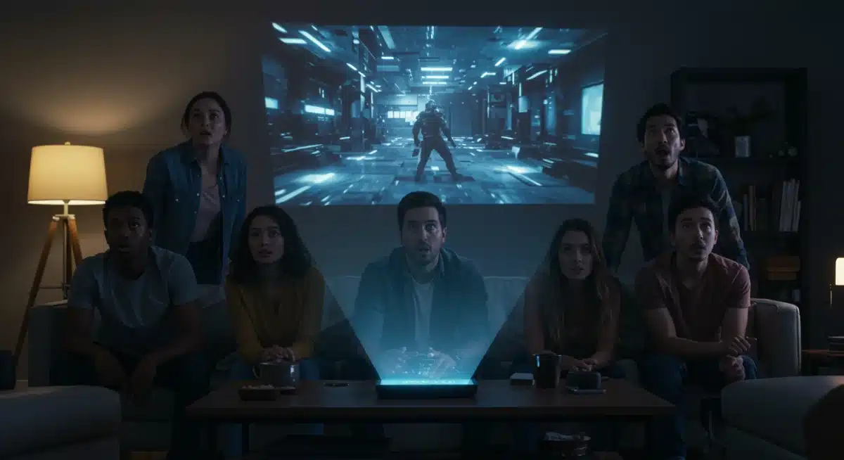 Diverse group watching a holographic sci-fi projection with excitement