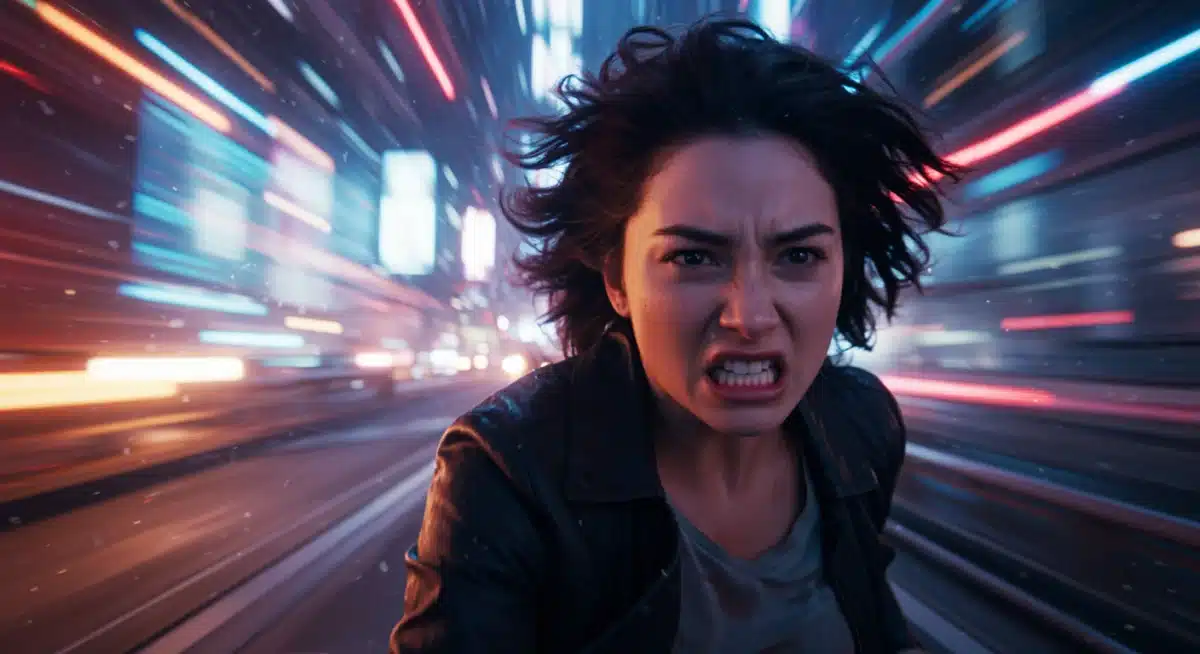 Protagonist in a high-speed chase through a futuristic city, intense action.