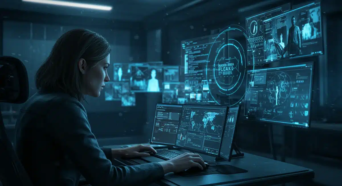 High-tech surveillance room, woman analyzing cryptic data, corporate thriller setting