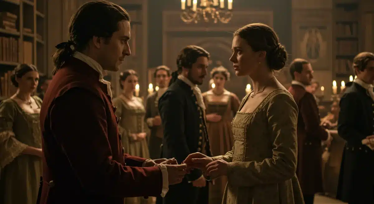 Historical library scene with characters in period attire, reflecting a dramatic book adaptation for 2025.