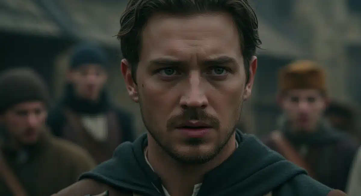 Close-up of historical drama protagonist in authentic period attire, expressing determination.