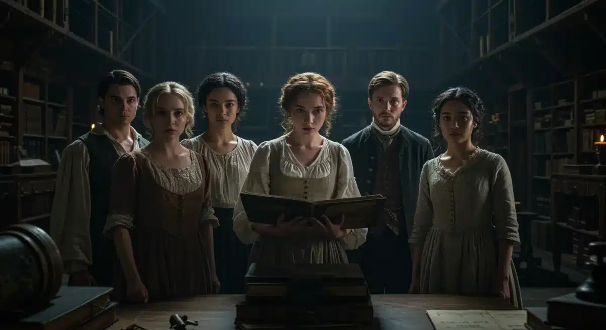 Actors in historical costumes examining an artifact on a dimly lit set, hinting at a new historical drama series.