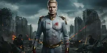 Homelander standing menacingly in a ruined city after a major battle.