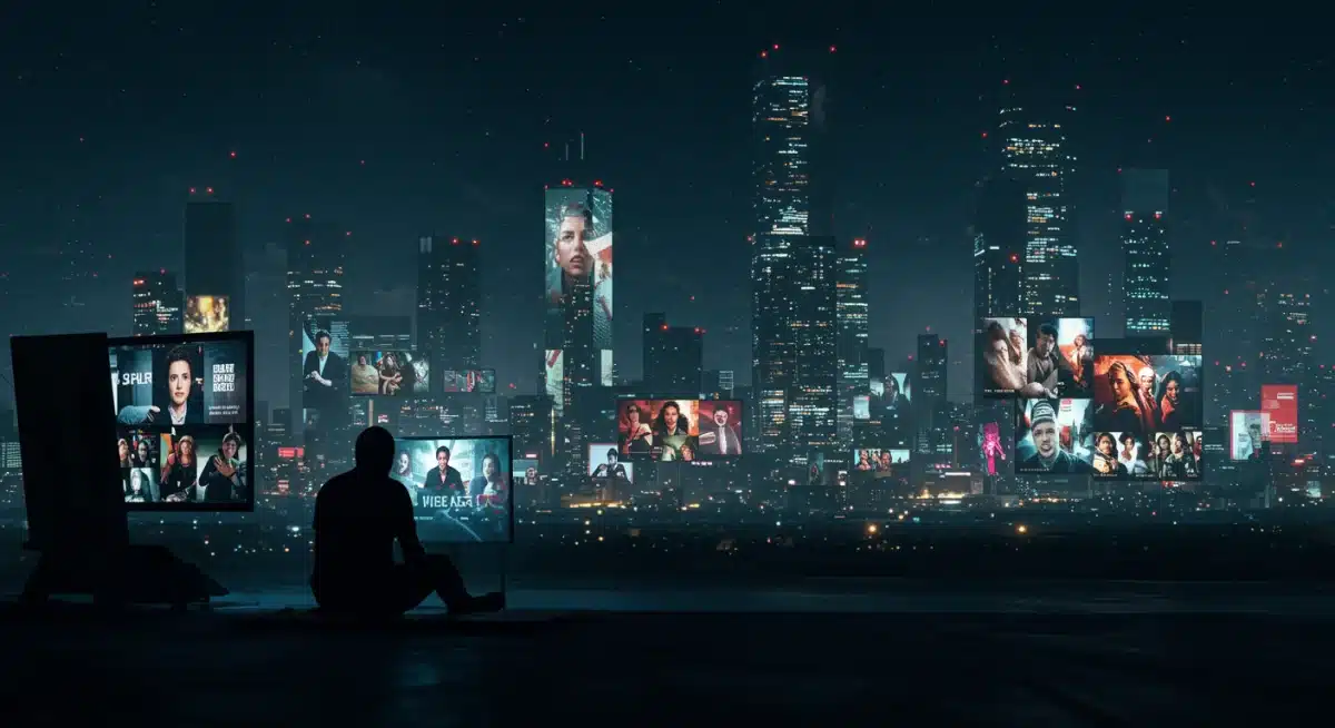 Futuristic cityscape with glowing screens depicting immersive new series viewing experience