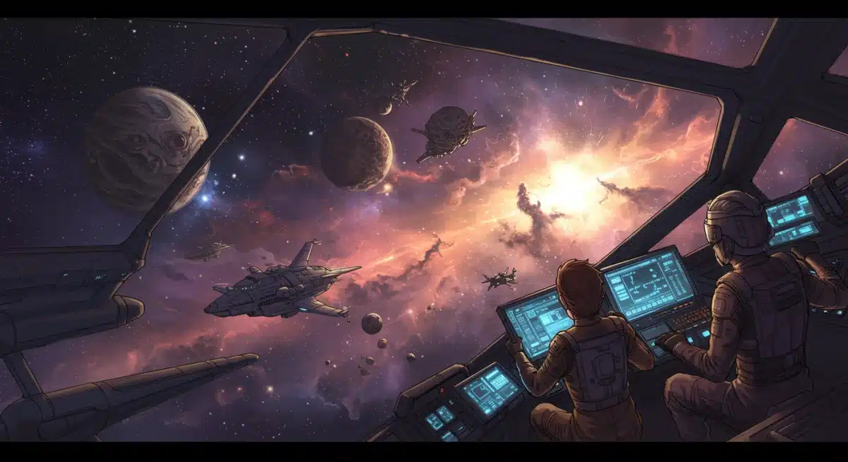 Spaceship exploring a vibrant nebula with a diverse crew