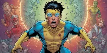 Invincible Mark Grayson bruised, standing determined against a backdrop of Omni-Man, Allen the Alien, Angstrom Levy, and a shattered dimensional portal.