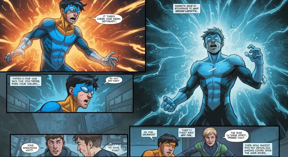 Invincible Mark Grayson in intense combat with Angstrom Levy, showing a critical moment of their final confrontation.