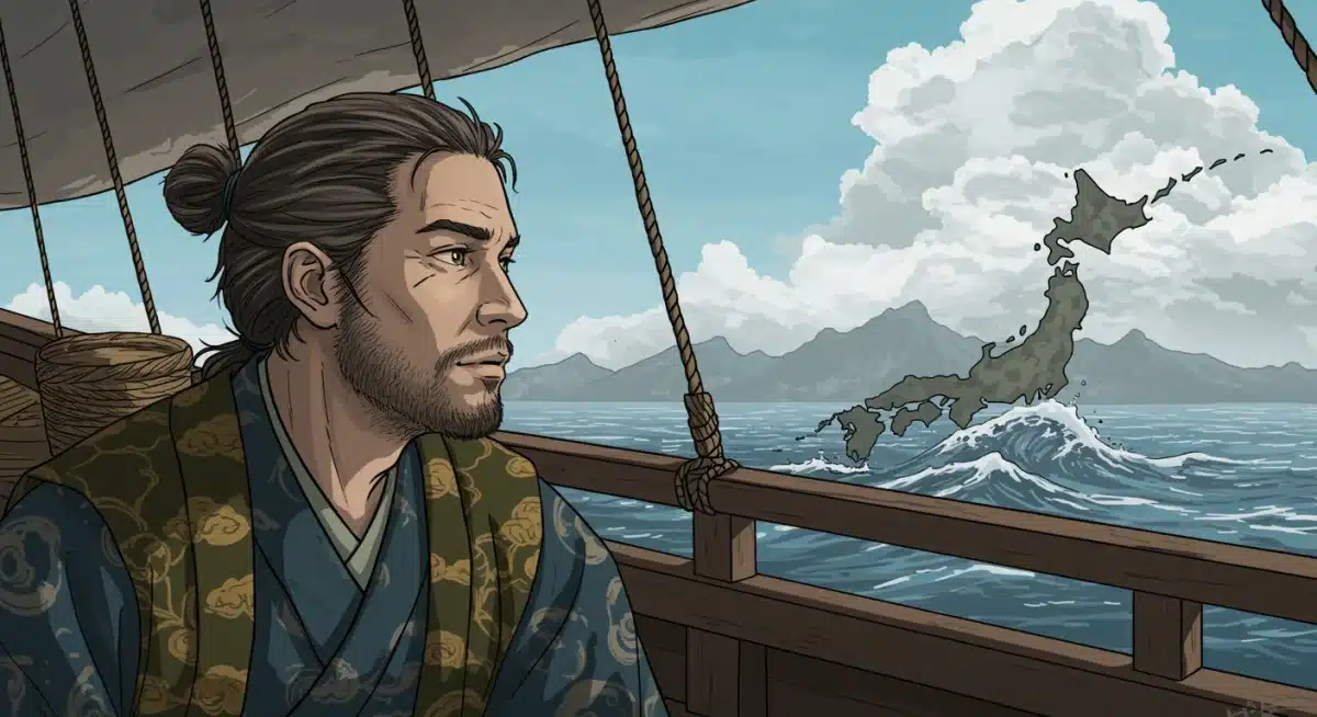 John Blackthorne on a ship, observing the Japanese coastline, reflecting his unique position.