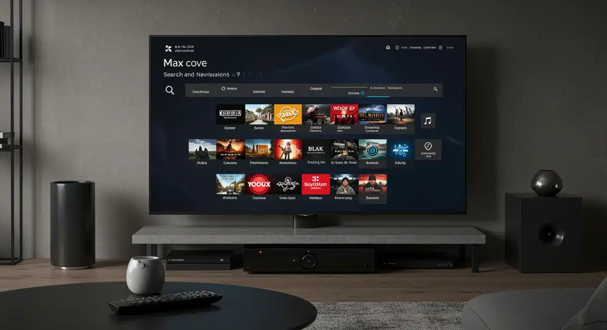 Max's new search and navigation menu on a large television screen in a home theater setting.