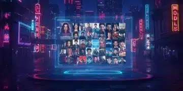 Futuristic cityscape with holographic screens showcasing diverse snippets of new TV series for mid-2025 premieres.