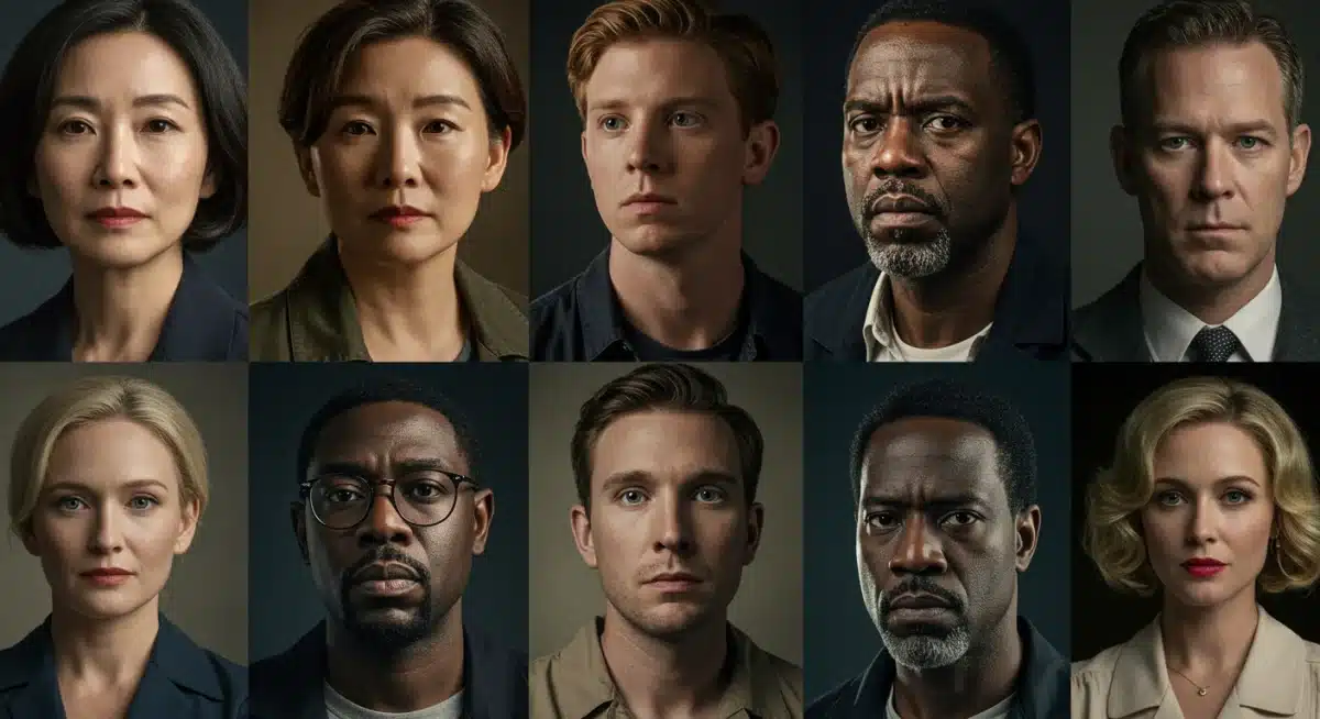 Diverse characters from mystery series, thoughtful expressions