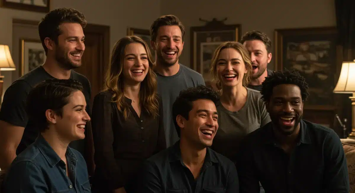 Diverse cast members laughing on set during a behind-the-scenes moment for a new series.