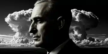 J. Robert Oppenheimer's face with atomic bomb mushroom cloud