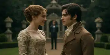 Penelope and Colin Bridgerton in wedding attire, embracing in a garden.