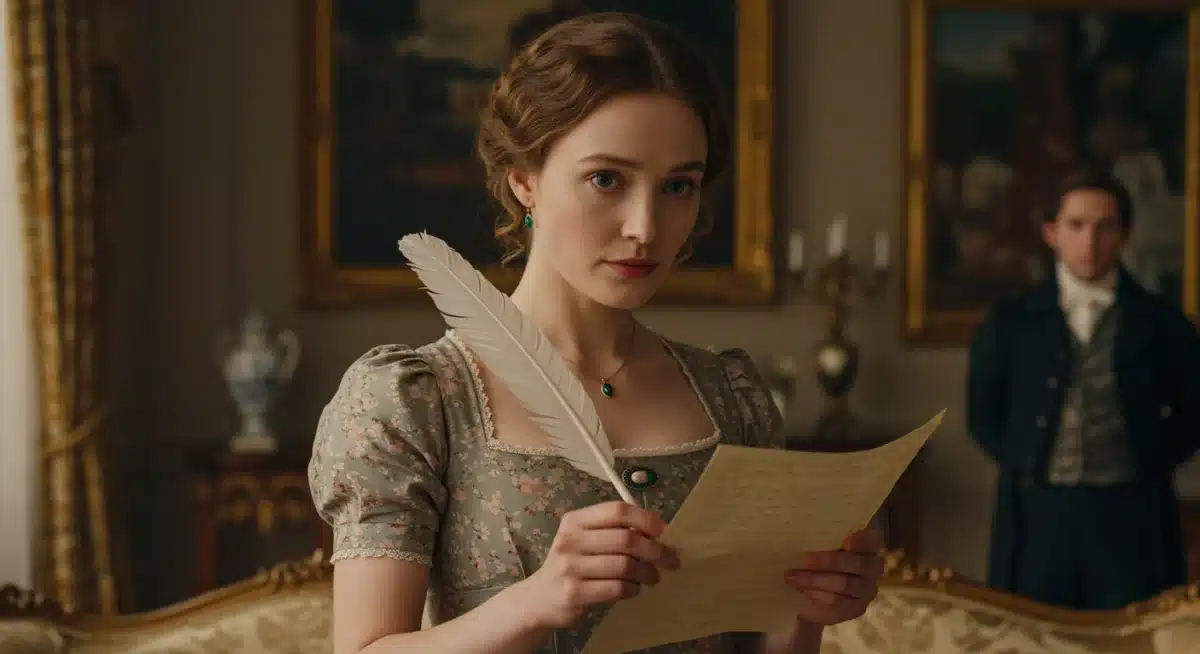 Penelope Featherington with a quill, contemplating her role as Lady Whistledown.