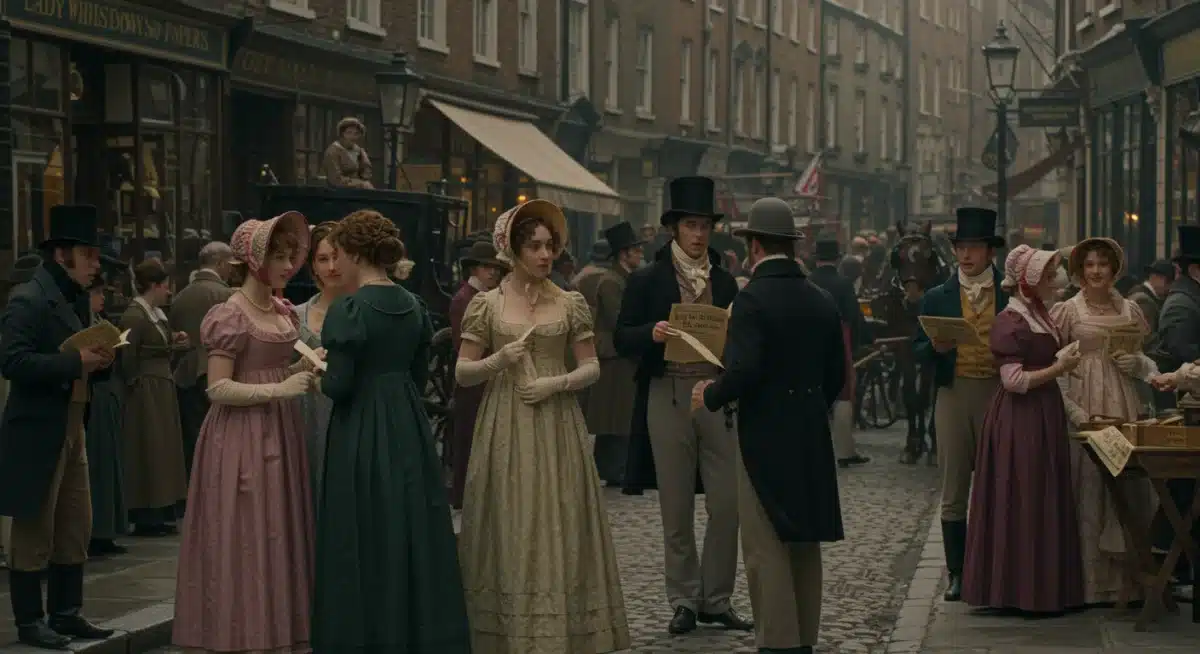 Regency London street with people gossiping over pamphlets.