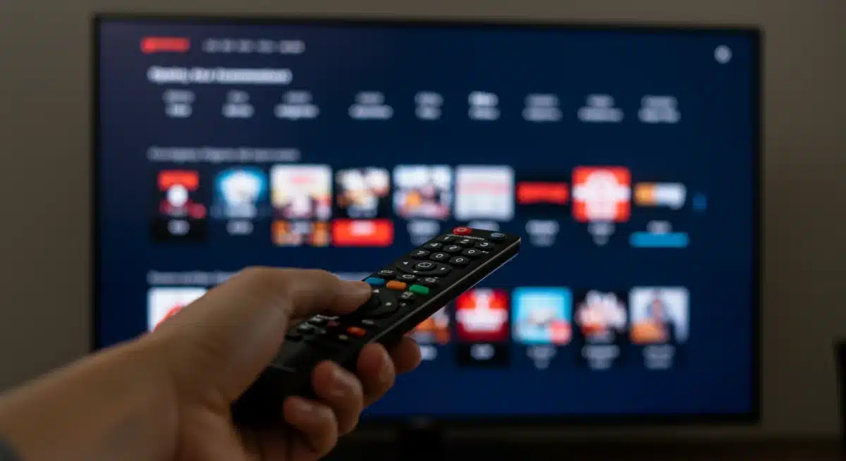 Hand holding remote control interacting with a clean streaming service interface