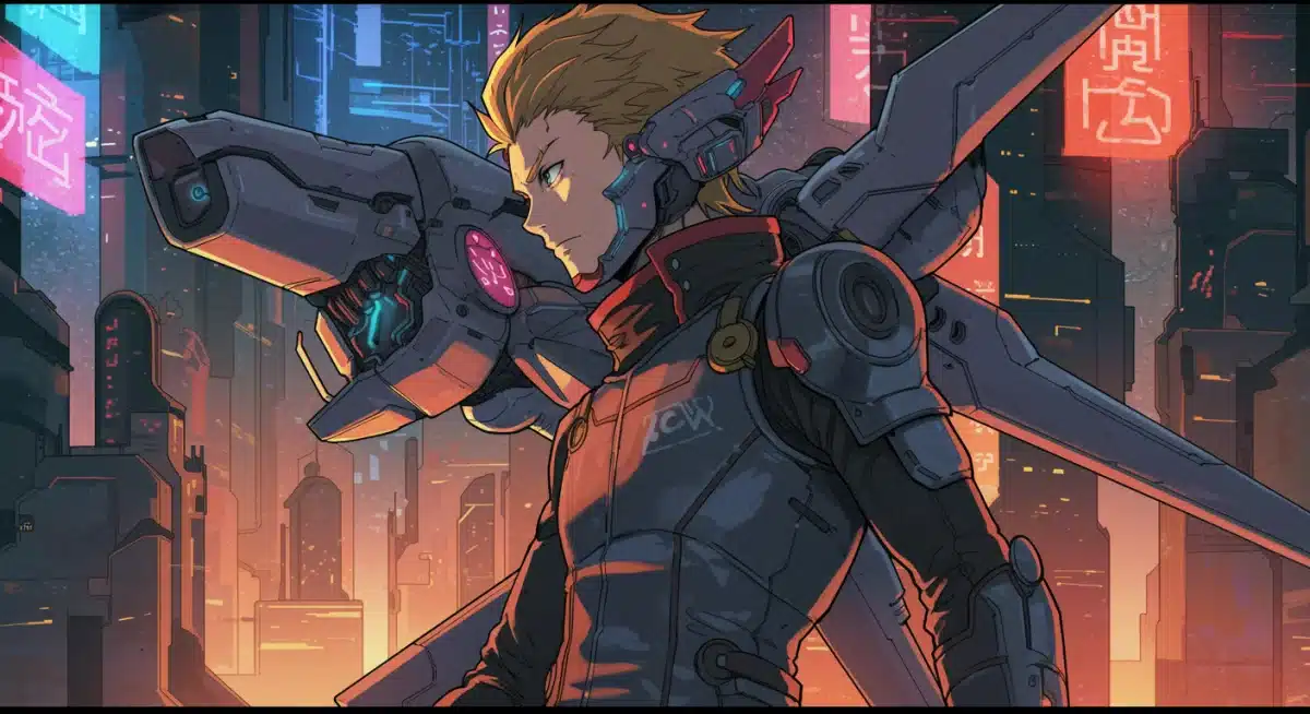 Anime character piloting a futuristic mecha in a neon-lit cyberpunk city.