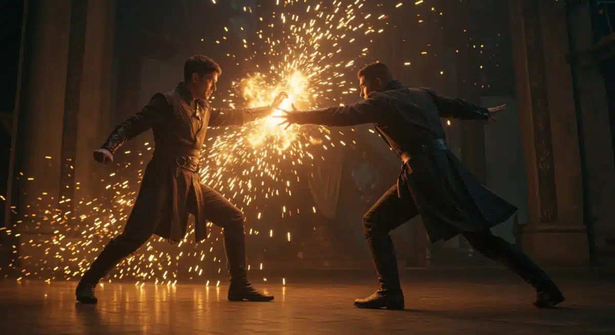 Dynamic magical duel in ornate chamber from 'Shadow Realm' Season 2 premiere action sequence.