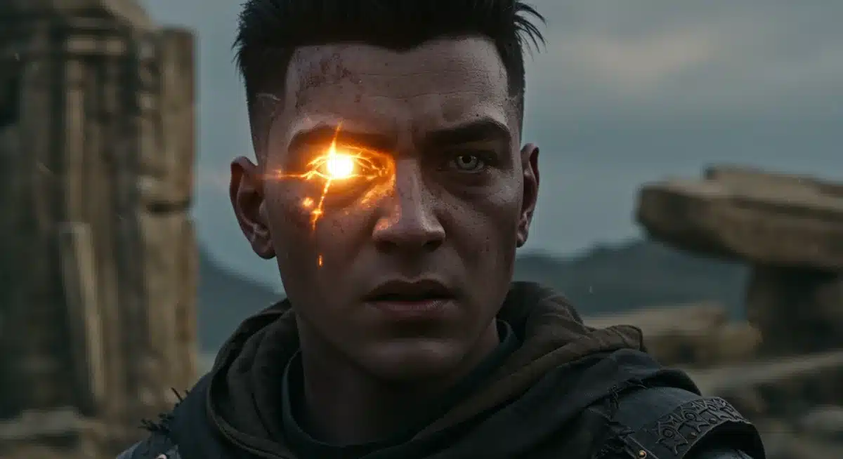 Protagonist illuminated by arcane glow in ancient ruins from 'Shadow Realm' Season 2 premiere.