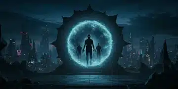 Mystical portal opening into a shadowy realm with futuristic city backdrop for Shadow Realm Season 2 premiere review.