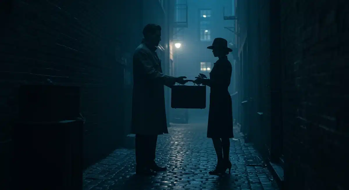 Spy exchanging briefcase in a dimly lit alley, clandestine operation.