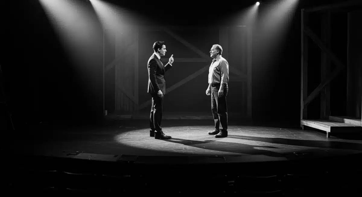 Tense confrontation on stage, hinting at the Ben Glenroy murder reveal