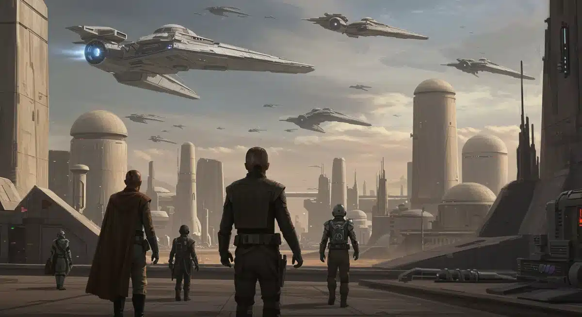 Concept art of a futuristic city hinting at a new Star Wars Disney+ series