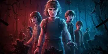 Stranger Things Season 4 Volume 2 main cast facing off against Vecna, with Upside Down tendrils and a dark, ominous sky in the background, hinting at the tragic events and cliffhangers.