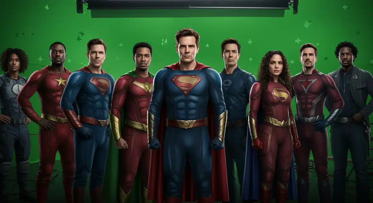Actors in superhero costumes on a production set for a new series