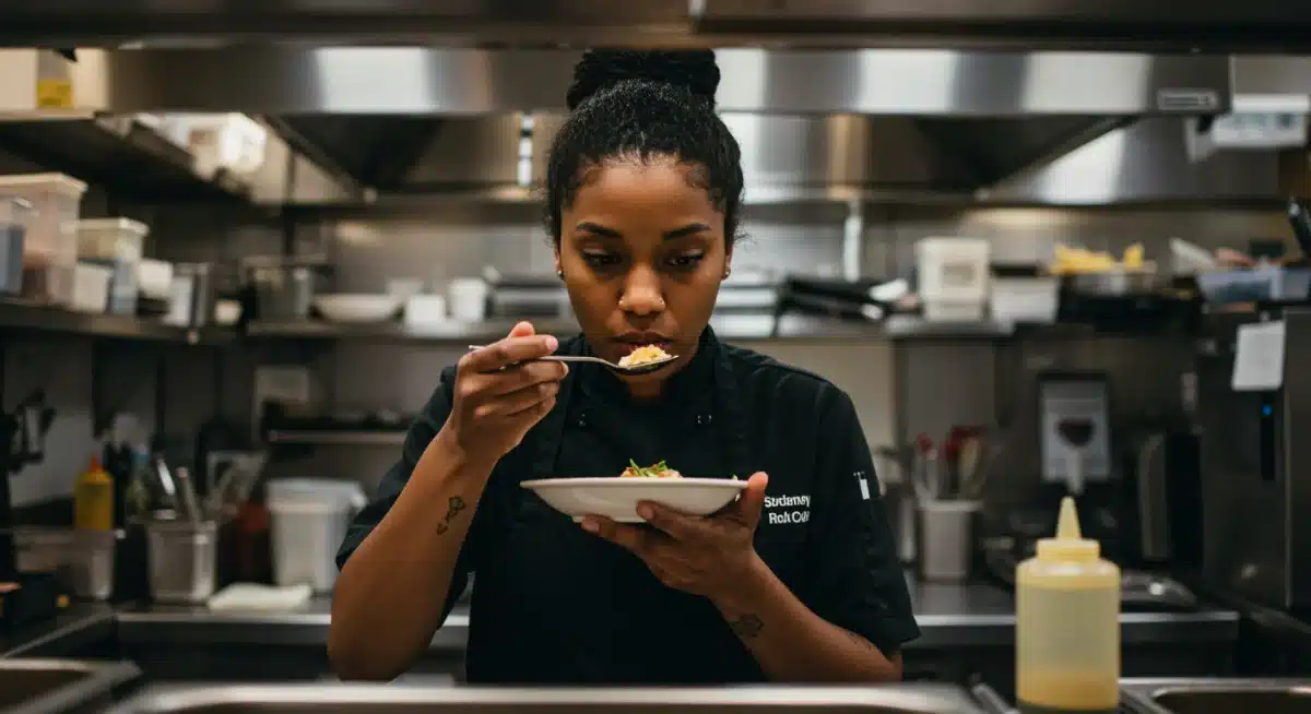 Sydney Adamu tasting food with intense focus in a professional kitchen