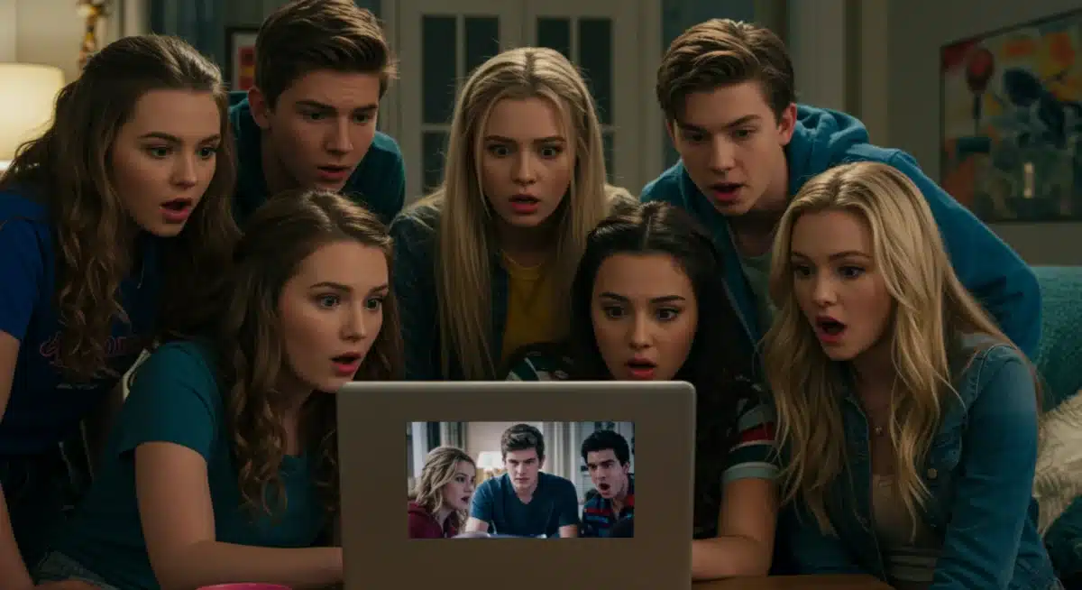 Teenagers watching a dramatic scene from a new teen series on a laptop