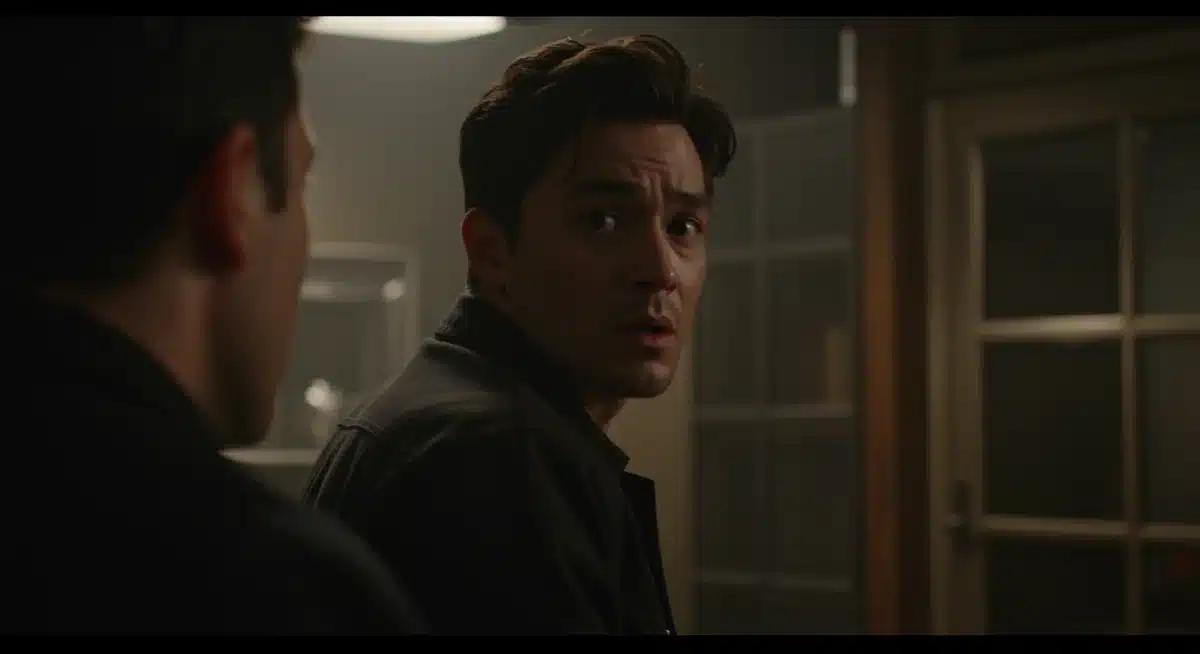 Intense scene from a foreign thriller, character looking apprehensive in a dark setting.