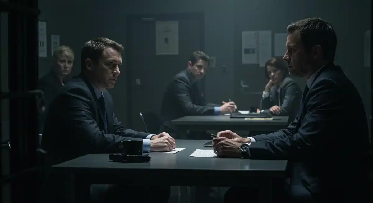 Actors in a dramatic true crime reenactment, intense interrogation scene.