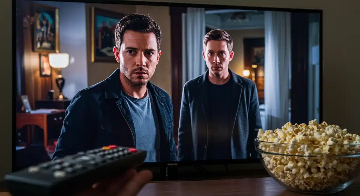 Suspenseful scene on TV, remote and popcorn