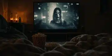 A person comfortably watching an eerie horror series on a television screen in a dimly lit room, ready for a spooky binge.