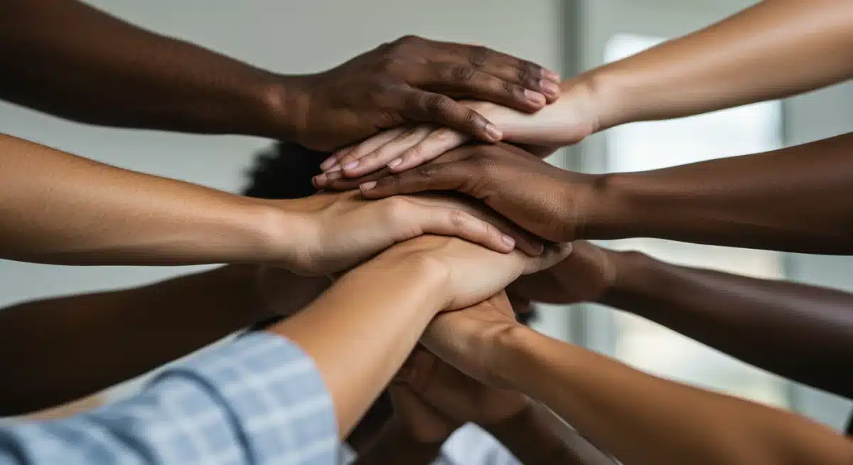 Diverse hands collaborating, symbolizing unity and collective action against social injustices.
