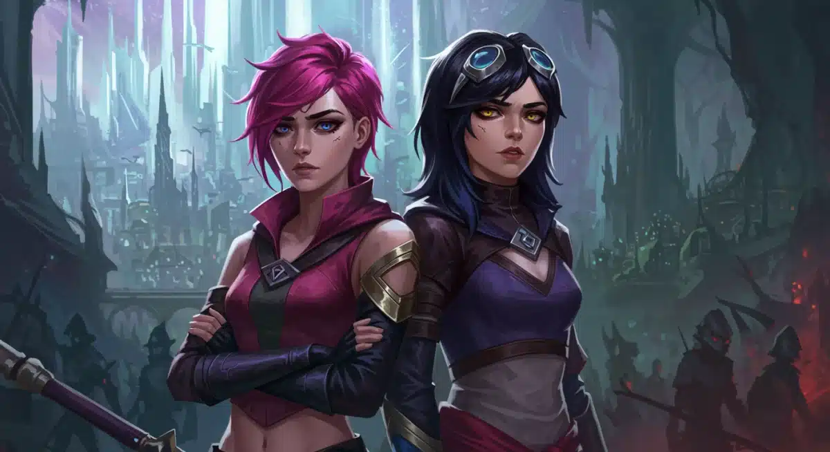 Vi and Caitlyn's alliance against the backdrop of Piltover and Zaun's stark contrast.
