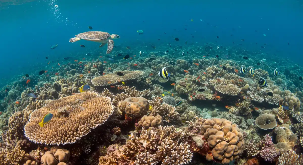 Vibrant coral reef with diverse marine life, illustrating ocean documentaries.