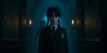 Wednesday Addams confronting the Hyde monster at Nevermore Academy.