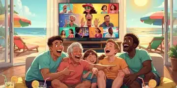 Grupo de amigos riendo a carcajadas viendo series de comedia en verano de 2026.